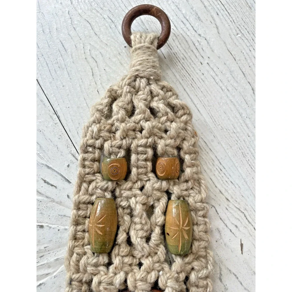 vintage Retro MCM Beige‎ Macrame Wall Hanging Double Hand Towel Ring Holder